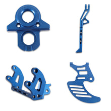 Load image into Gallery viewer, Surron Bike Upgrades Bundle - Blue - 20mm Lowering Peg Brackets, Ignition Key Plate, Shark Fin Disc Guard and Standard Adjustable Kickstand.
