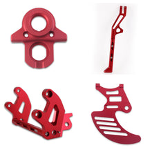 Load image into Gallery viewer, Surron Bike Upgrades Bundle - Red - 20mm Lowering Peg Brackets, Ignition Key Plate, Shark Fin Disc Guard and Standard Adjustable Kickstand.

